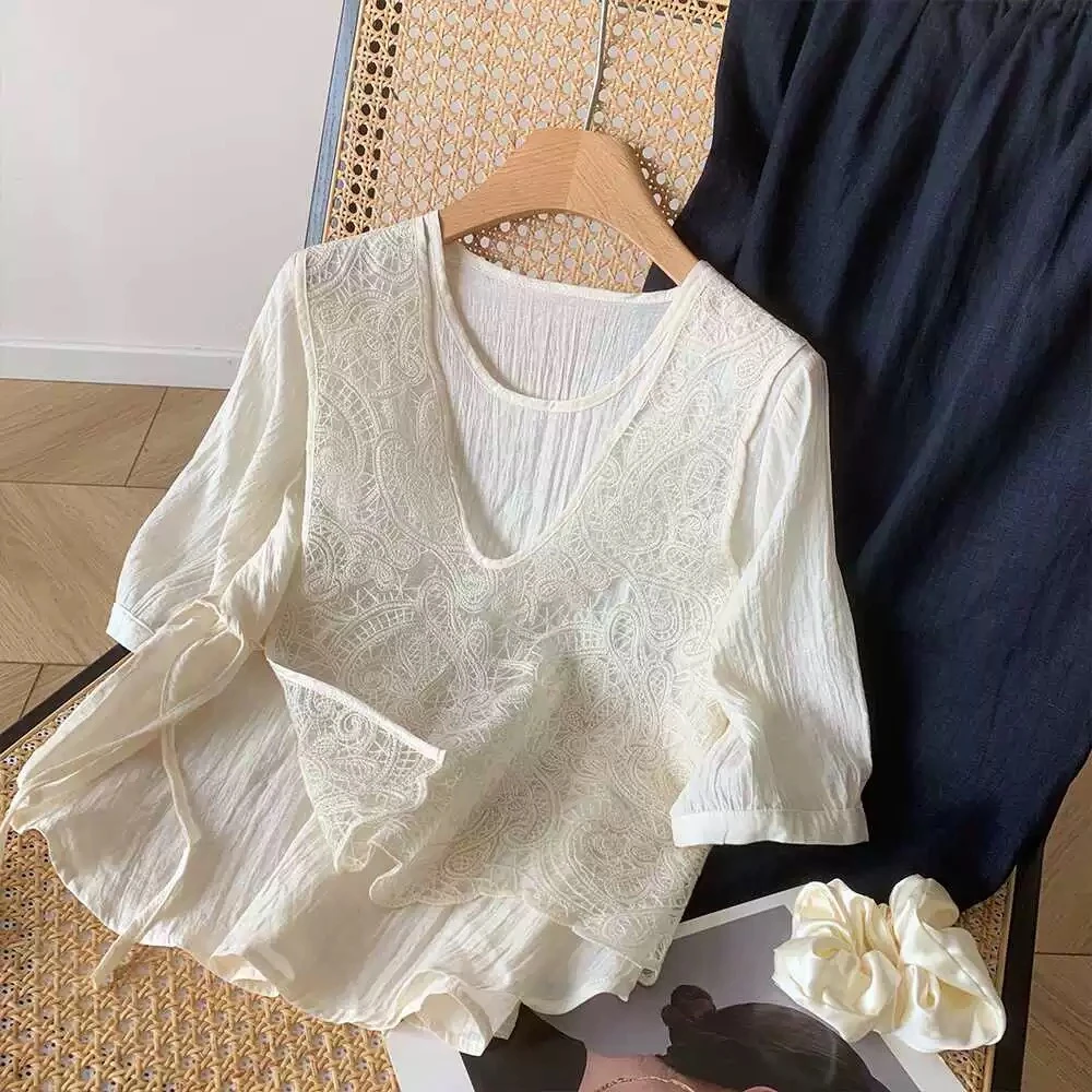 【钩花小衫】韩系新款百搭蕾丝假两件显瘦上衣小众设计感气质衬衫女
