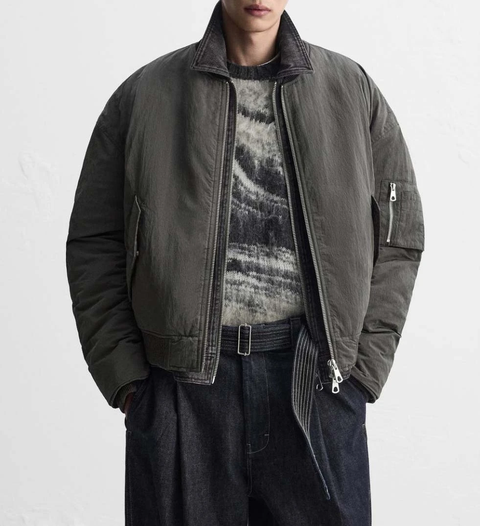 原-西班牙时尚男装拼接撞色黑灰色翻领夹棉飞行员夹克外套5854805