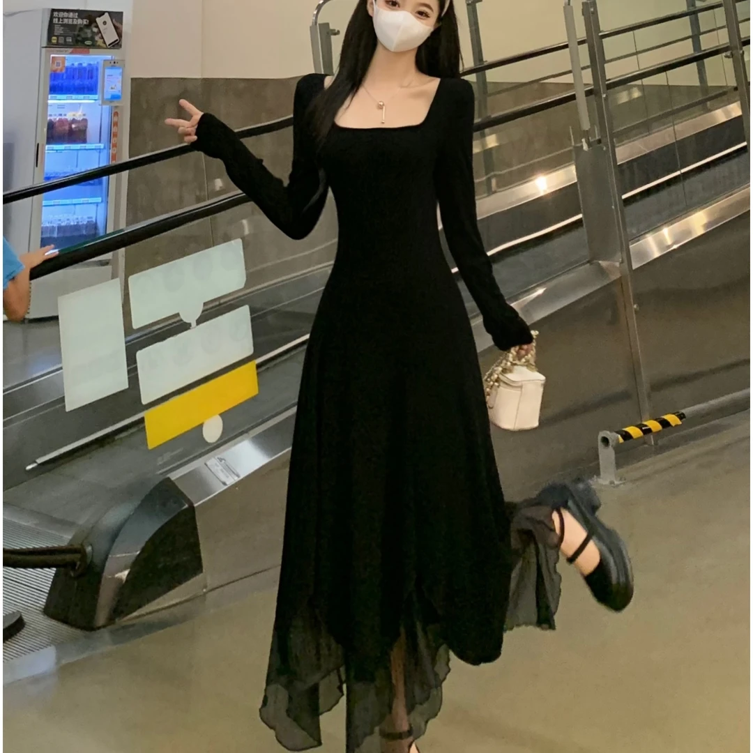 大码设计感不规则垂感连衣裙女秋冬胖mm蕾丝拼接针织打底内搭长裙