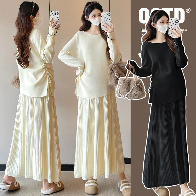 【安安】孕妇装秋冬装韩版毛衣上衣+百褶半身裙气质时尚款冬季套装