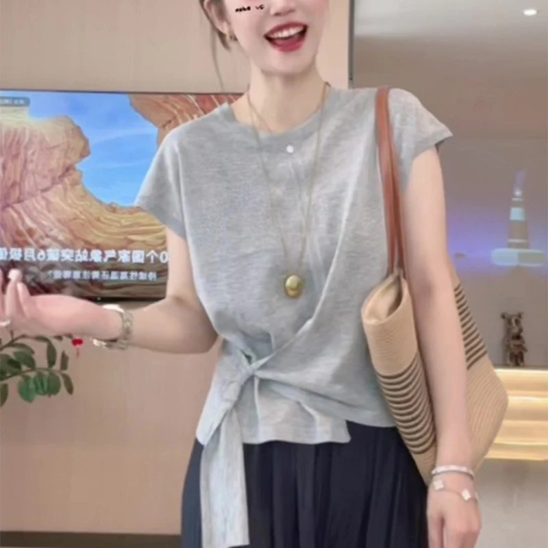 小众设计感不规则绑带短袖t恤女夏季顺款收腰显瘦百搭别致ins上衣