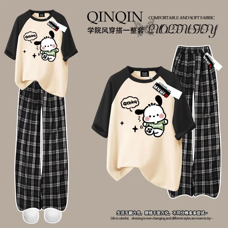 可爱帕恰狗印花夏季女童百搭潮流时尚短袖t恤格子裤套装中大童潮