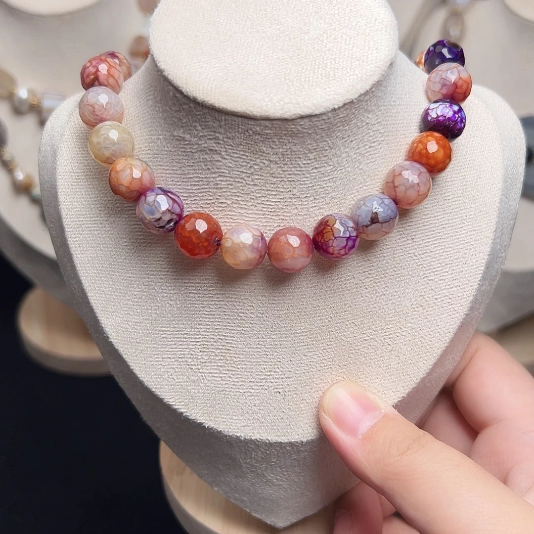 玛瑙/玉髓合金珠宝半成品W566，紫色系龙鳞纹玛瑙圆珠一条