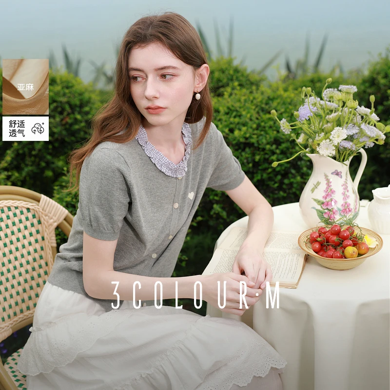 【亚麻】三彩2025夏季新款爱心刺绣针织衫圆领短袖小开衫外套女M
