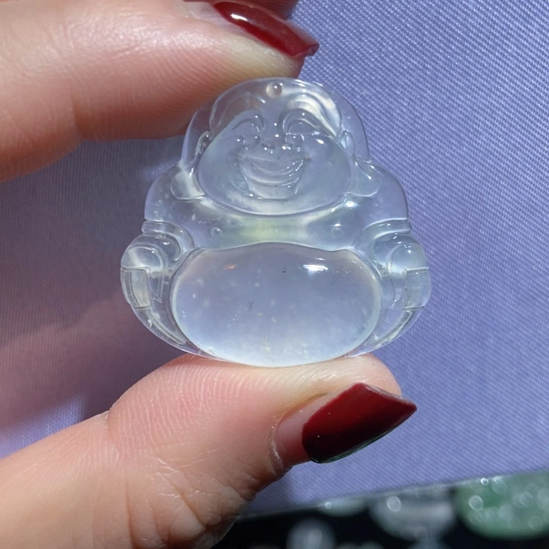 翡翠裸石高冰弥勒佛公吊坠木纳雪花棉
