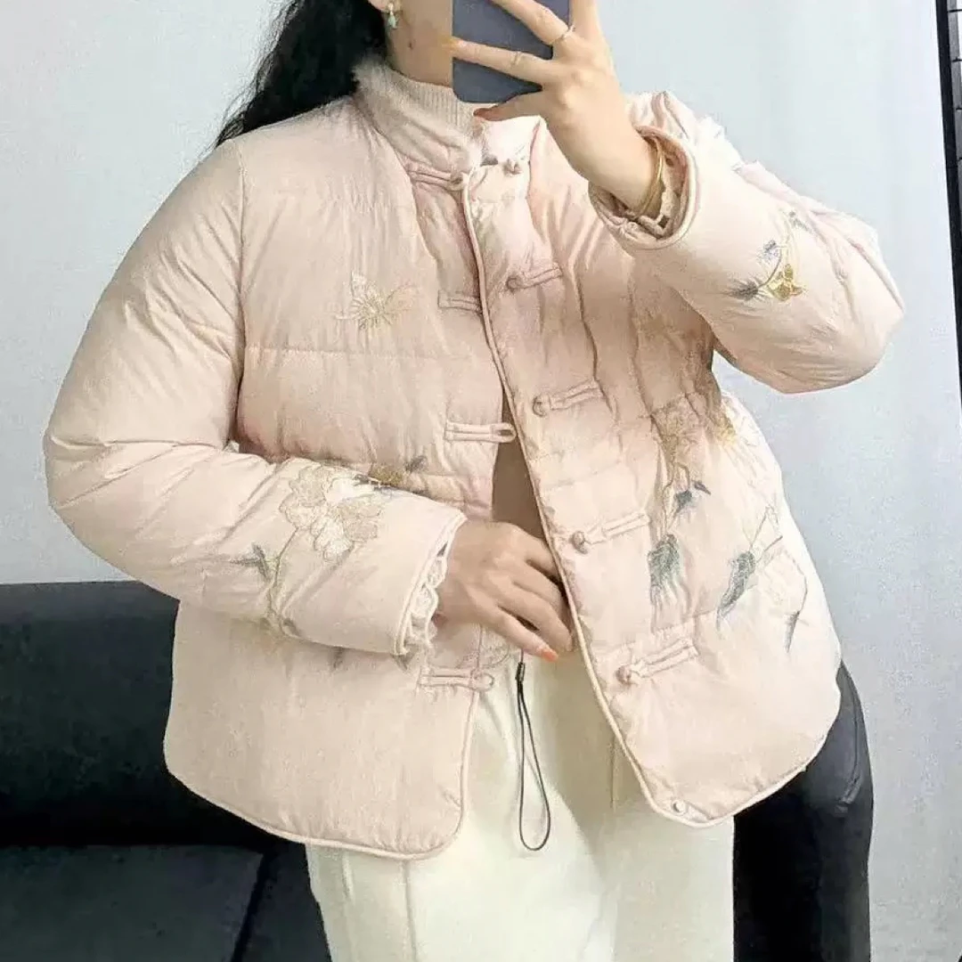 麻印女神5536新款复古立领刺绣手工国风新中式保暖羽绒服手袖毛领