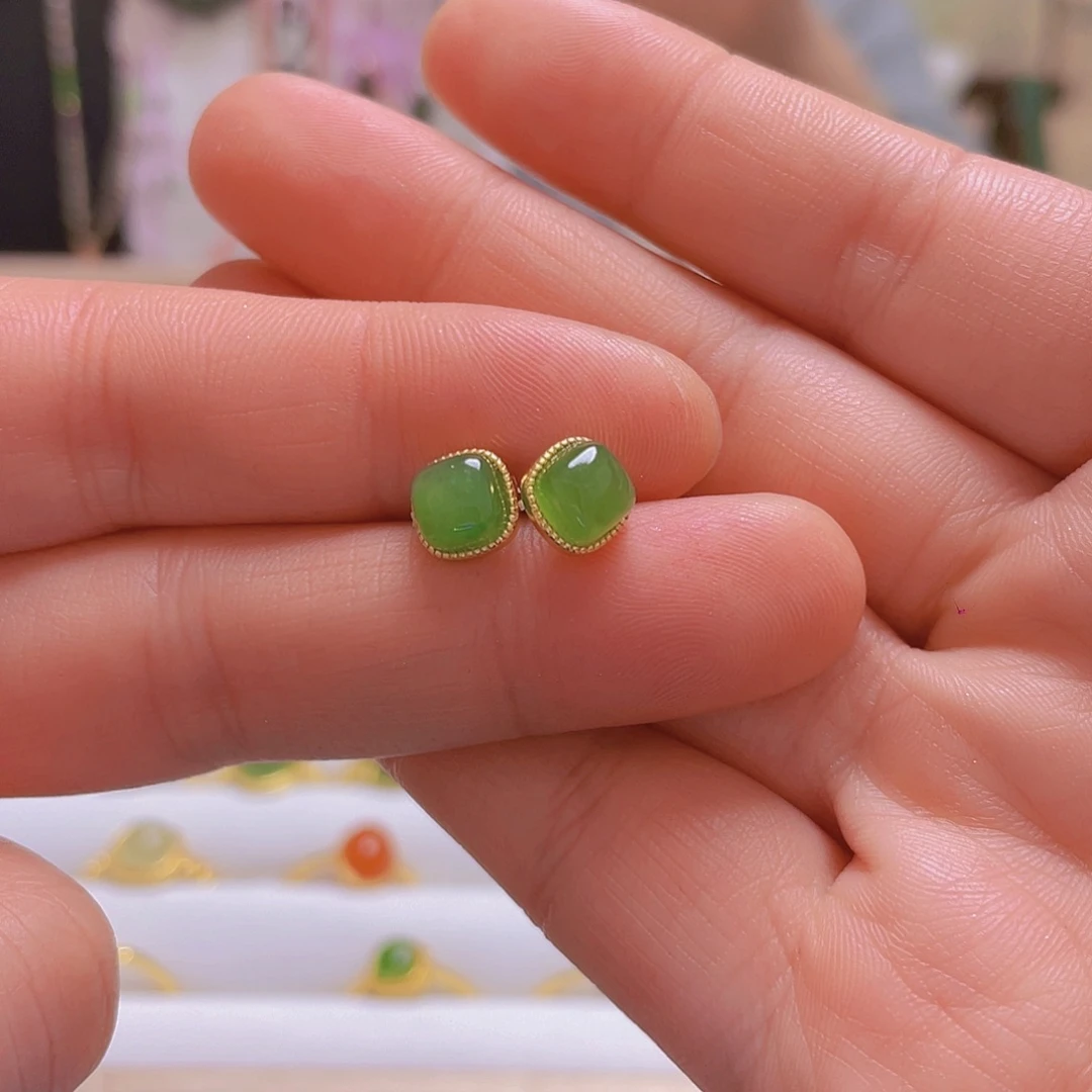 和田玉耳饰银S925镀金镶嵌