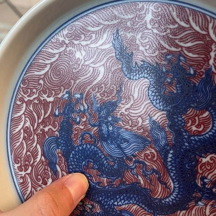 摆件景德镇釉里红海水龙大壶承