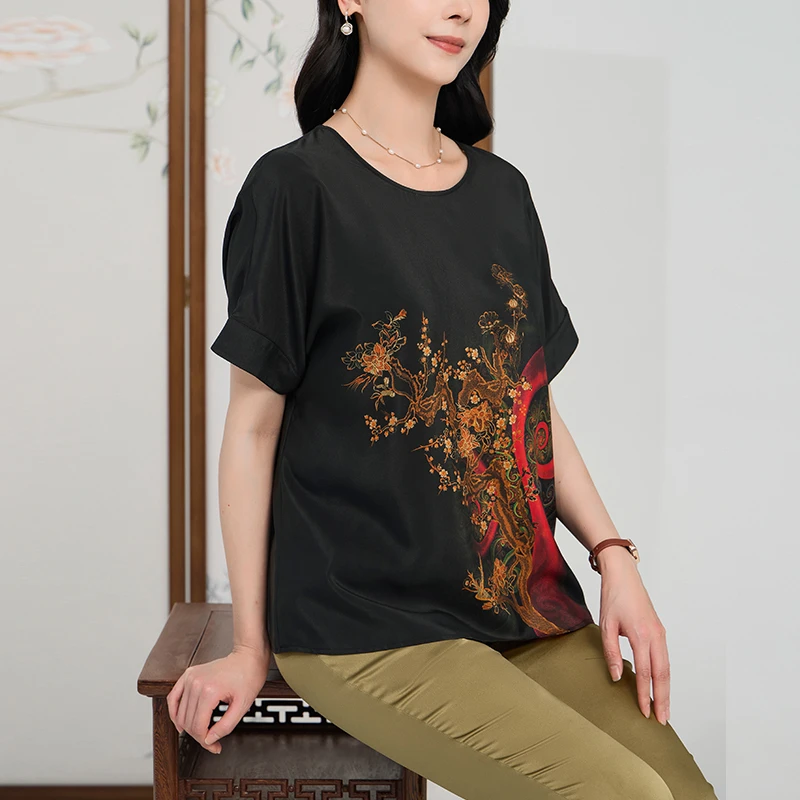 大码桑蚕丝上衣女夏季新款时尚黑色印花高级洋气妈妈真丝衬衫短袖