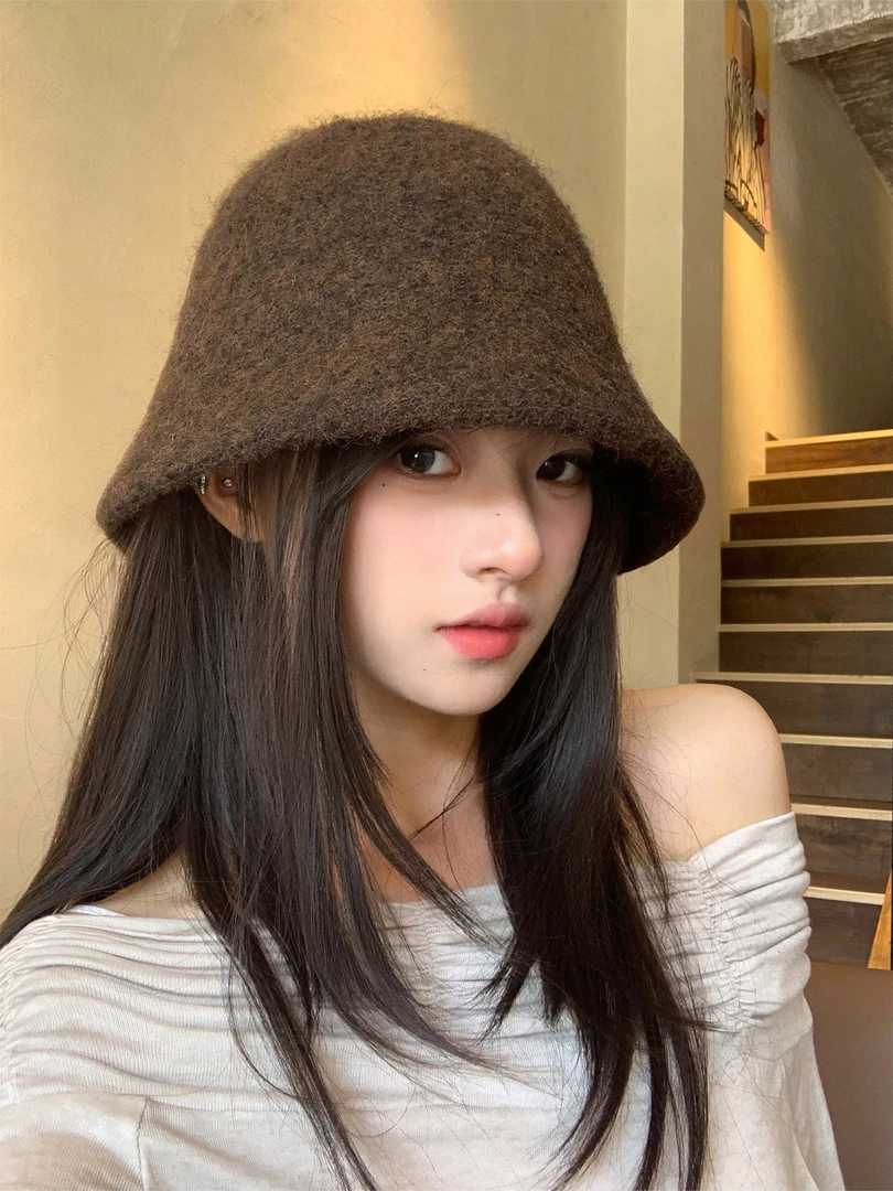 韩系纯色毛绒渔夫帽女秋冬日系防寒保暖水桶帽子遮脸显脸小盆帽