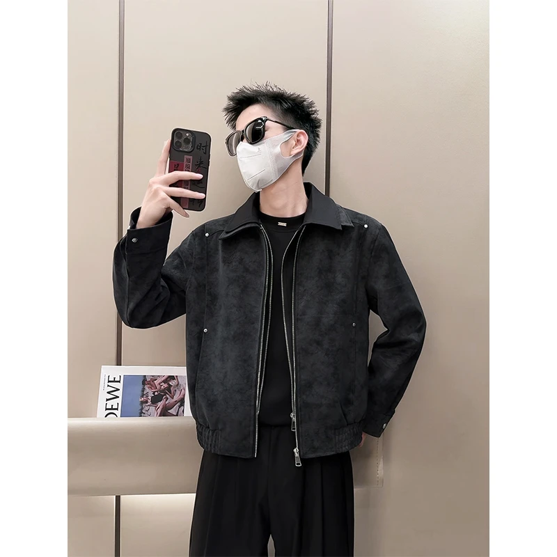 阿航男装 2025秋季短款设计款假两件翻领皮衣痞帅机车服外套夹克