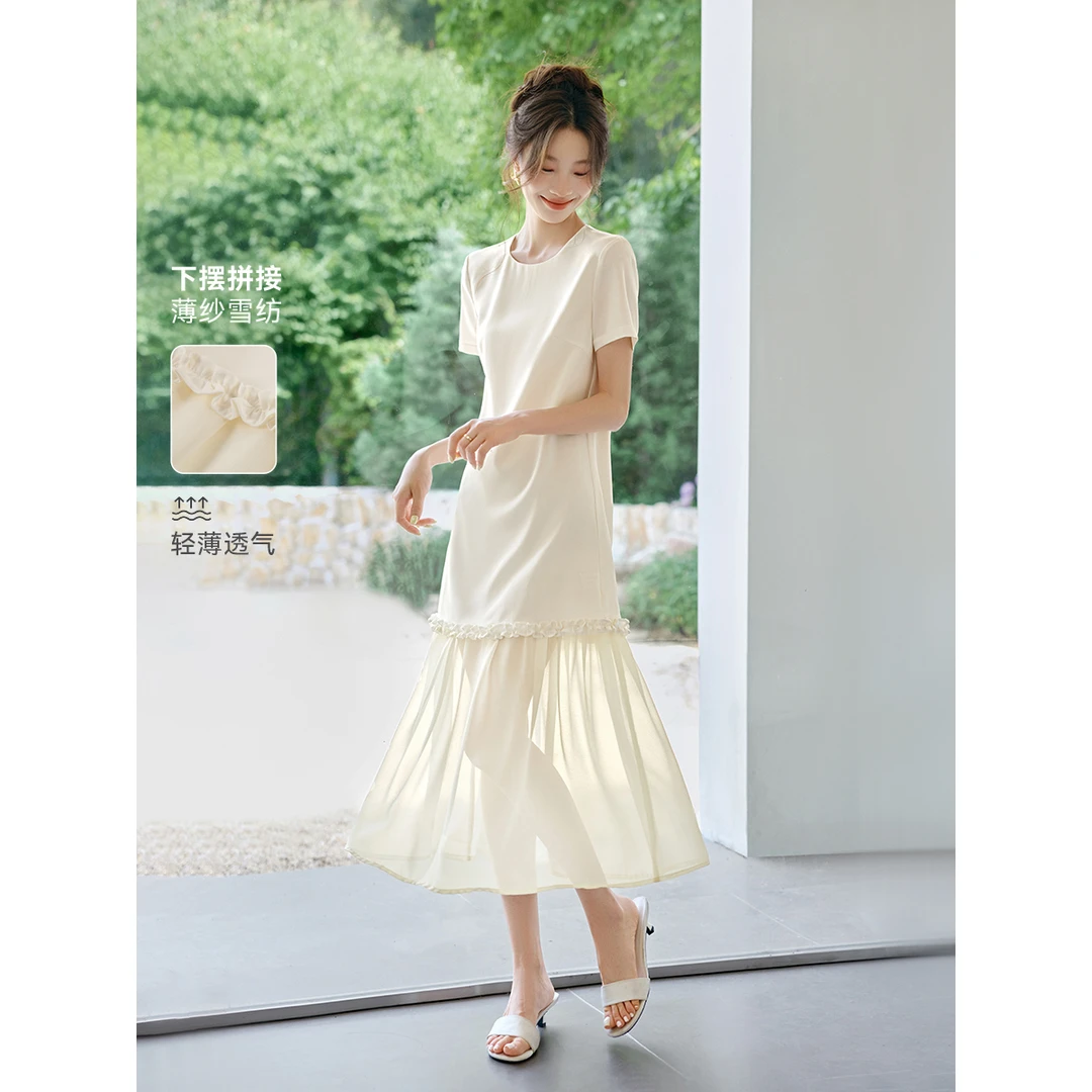 沫晗依美【初夏祝愿】25夏季新款新款时尚气质圆领显瘦感拼接连衣裙