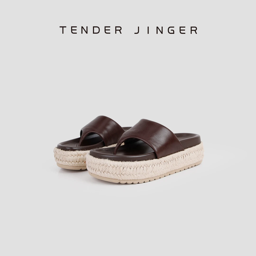 Tender Jinger时尚百搭2025年夏季新款厚底渔夫麻绳沙滩人字拖