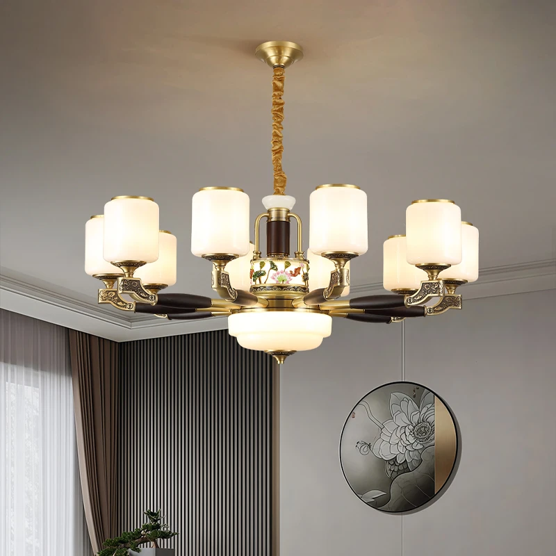 新中式客厅吊灯全铜实木中国风2025新款现代中式别墅大厅卧室餐厅