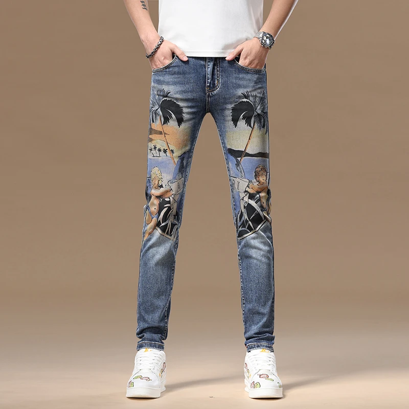 夏季新款个性印花男士弹力水洗时尚修身小脚牛仔裤