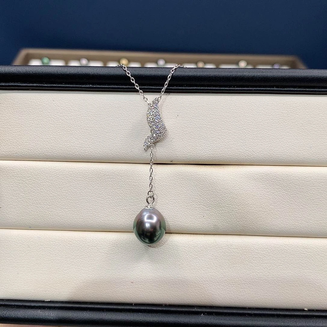 银S925镶嵌项链海水珍珠大溪地渐变蓝项链（不退换