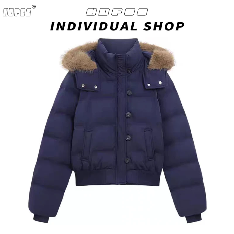 【现货】设计感毛领连帽棉服外套女冬季面包服百搭宽松保暖棉衣棉袄