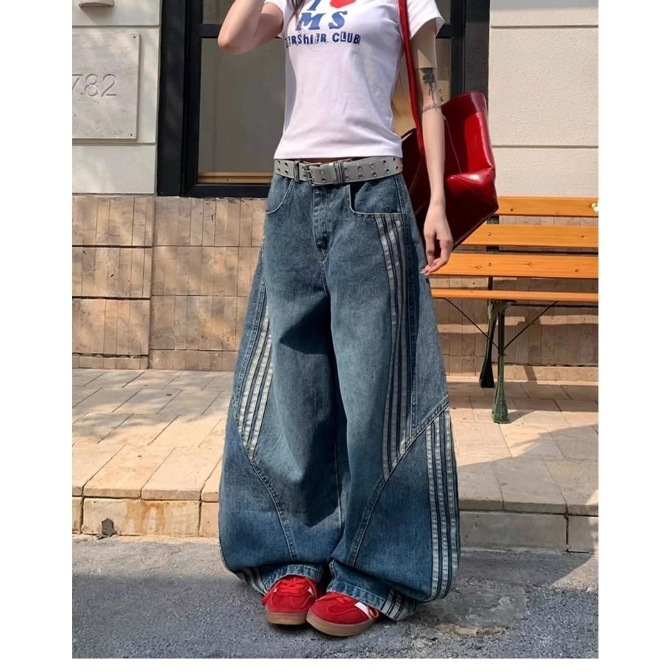 大码美式复古水洗解构弯刀牛仔裤条纹拼接设计宽松显瘦高腰阔腿裤