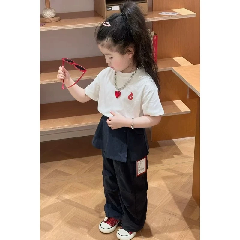 韩系童装夏季女童白色哪吒印花卡通动漫短袖百搭时髦工装裤两件套