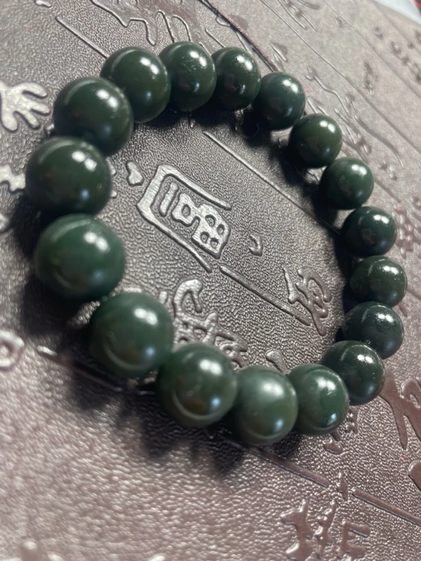 和田玉青玉卡12圆珠手串男女同款