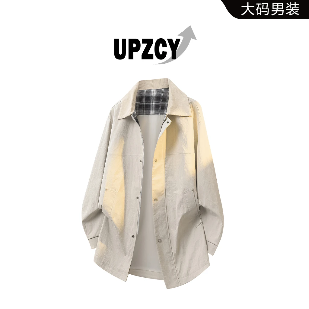 UPZCY男士大码休闲风衣外套春秋季中长款宽松翻领大衣高级感男装