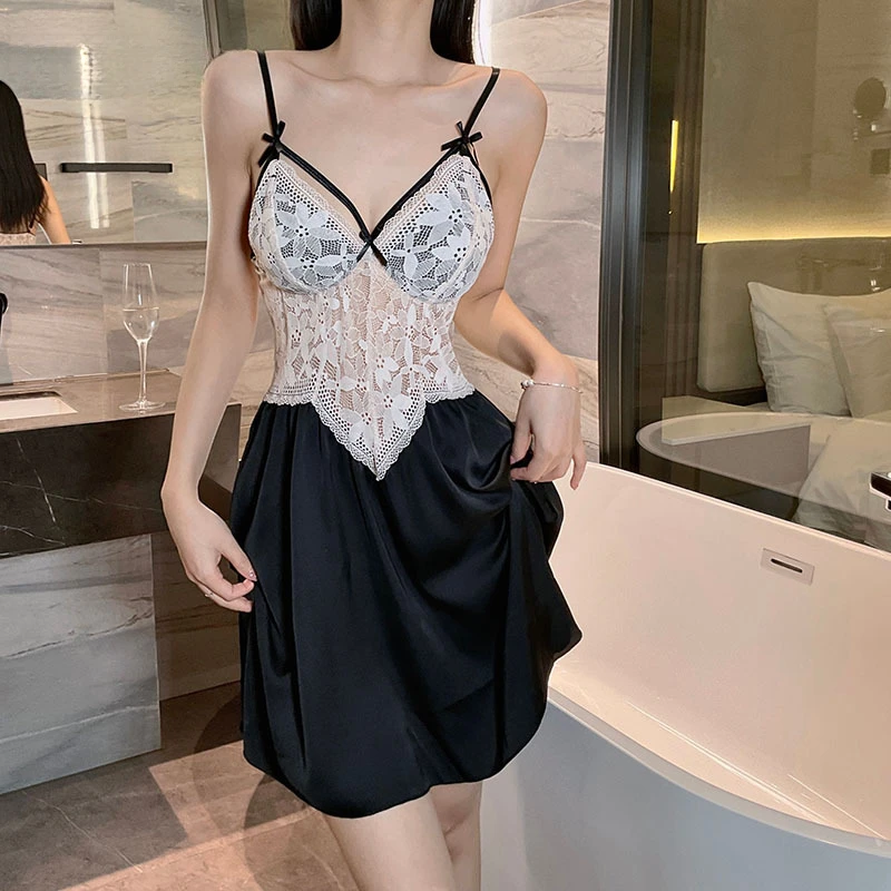 新款缎面拼接蕾丝性感睡裙纯欲家居睡衣深V露背家居服套装