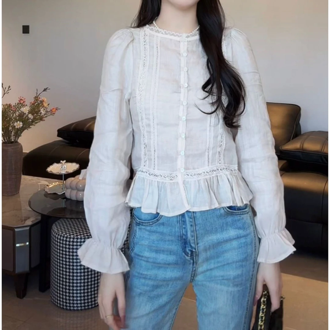 秋季开衫衬衫蕾丝小香风短款圆领长袖宽松型上衣洋气甜美减龄上衣