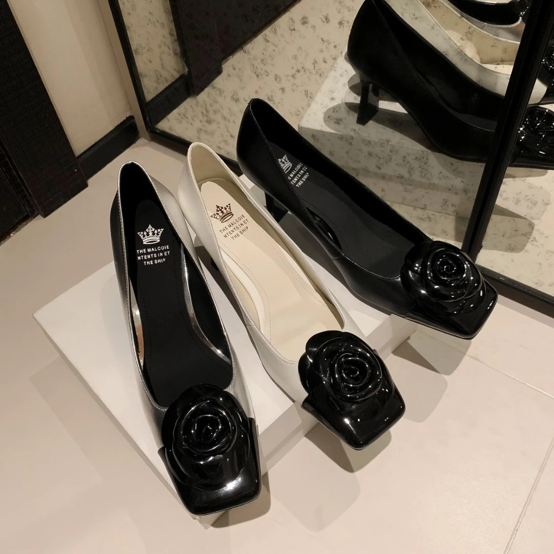 【刘公子】2025春款真皮山茶花高跟鞋气质百搭时尚粗跟浅口单鞋6CM