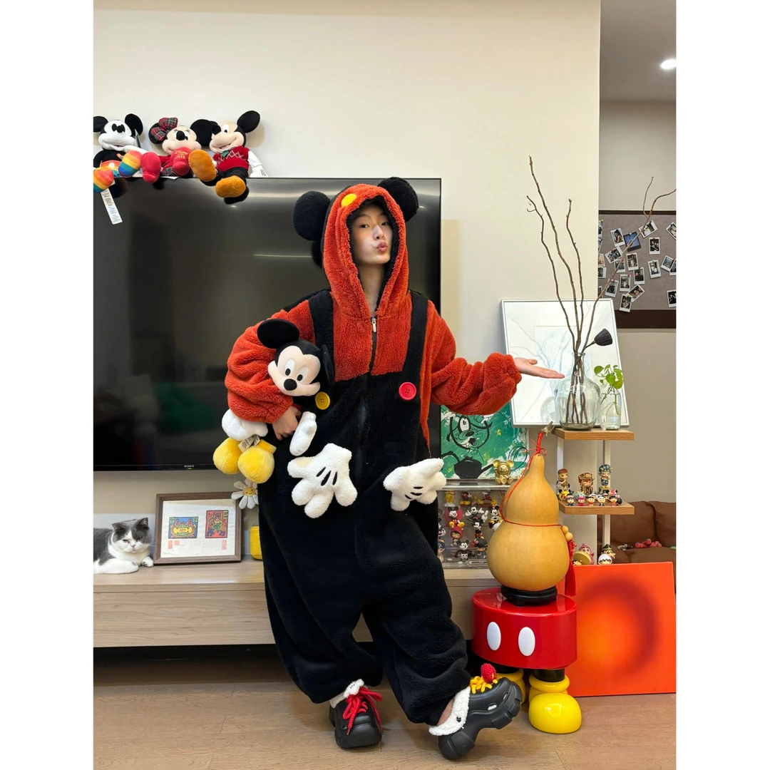 卡通米奇珊瑚绒连体睡衣睡袍男女款冬季加绒加厚一体式情侣家居服