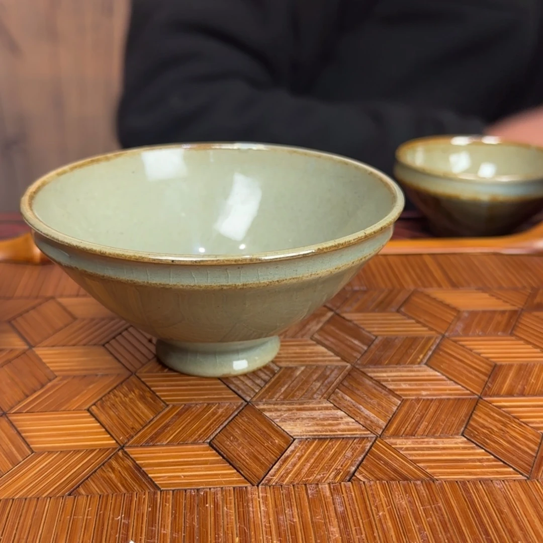 诗****)平阳窑手作直口斗笠梅子青大盏