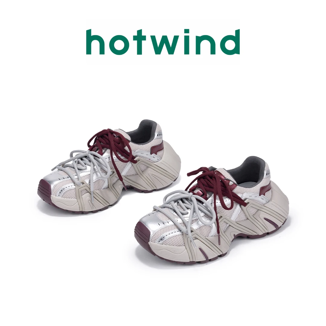 Hotwind/热风2025新款老爹鞋双系带厚底网纱拼色增高高能风运动鞋