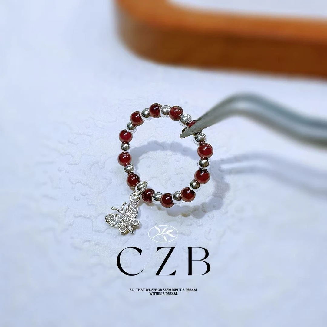 G63天然石榴石小蝴蝶戒圈戒指