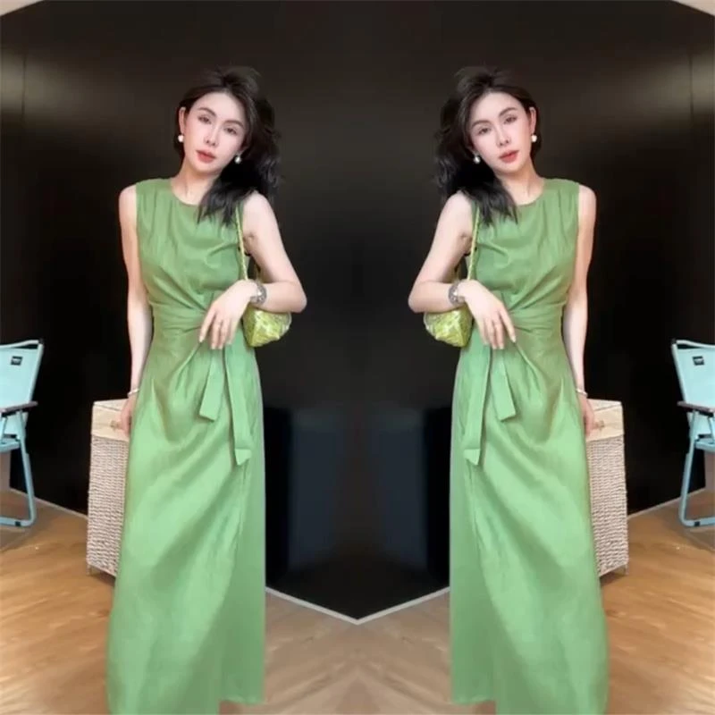 HDD"海盐气泡"2025夏季女款设计绑带连衣裙收腰海边度假风长裙子