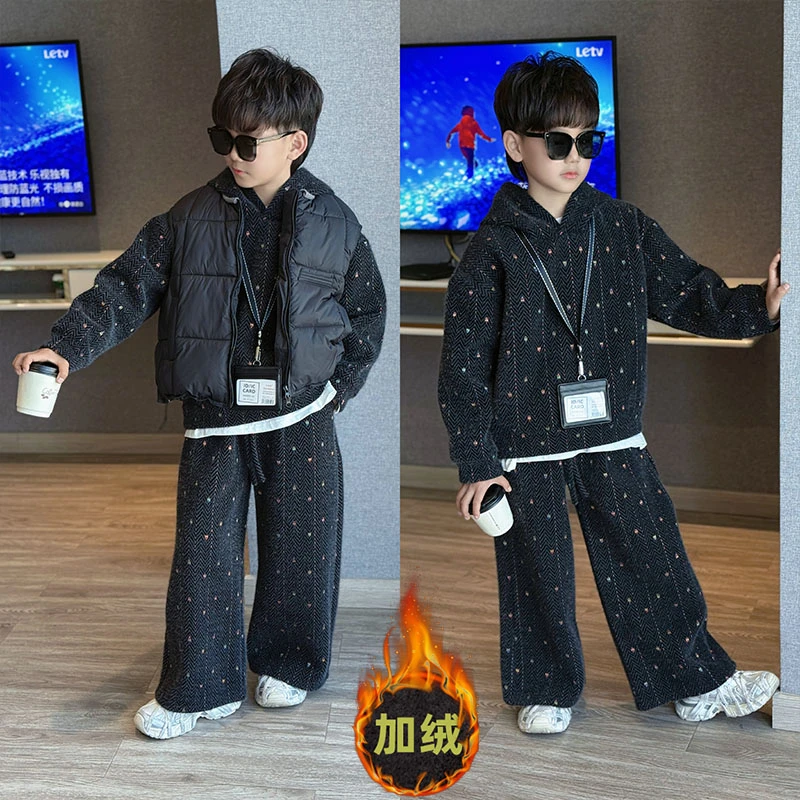 男童冬季新款时尚潮酷刺绣毛绒连帽卫衣套装中大童韩版加绒两件套