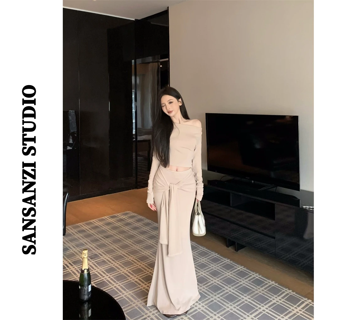 SANSANZI高级感纯欲斜肩长袖T恤女装秋季显瘦半身裙包臀裙两件套