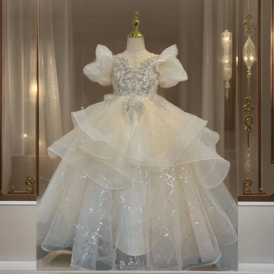 白色高定儿童晚礼服生日主持花童钢琴演出蓬蓬纱公主长裙花漾星河