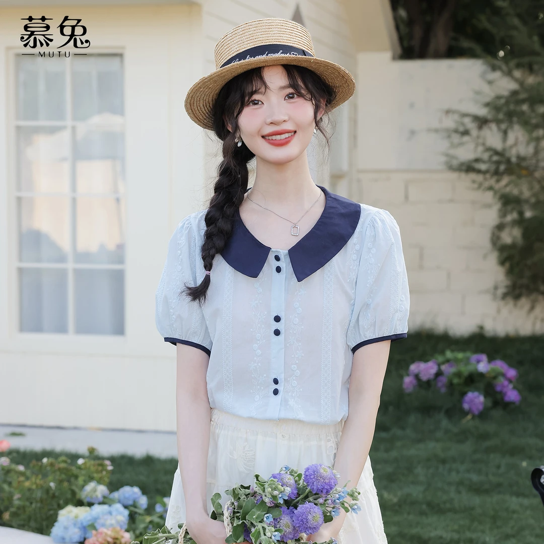 【小铃铛】TU27604法式气质拼接撞色短袖衬衫设计感小众宽松上衣