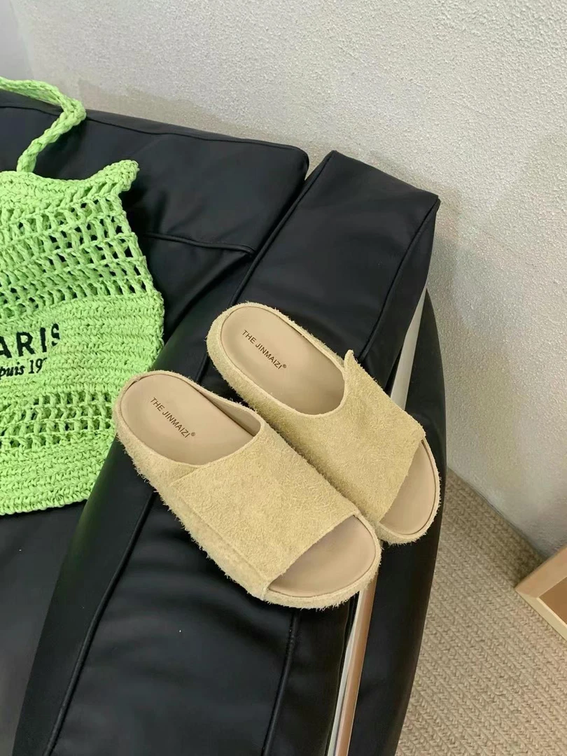 女士夏季平底松糕底流苏一字拖坡跟鞋子低跟胶粘鞋