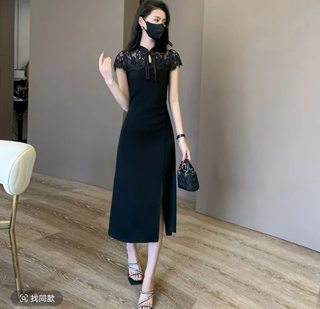 新中式国风黑色连衣裙长裙女夏成熟御姐收腰显瘦拼接蕾丝气质裙子