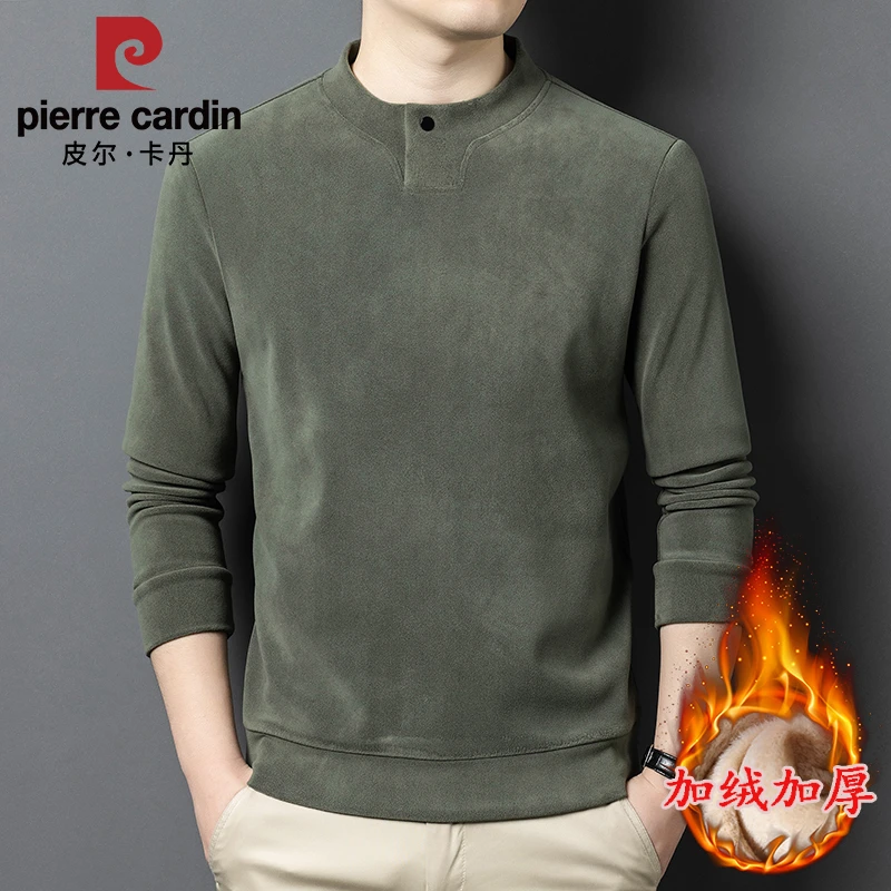 皮尔卡丹秋冬保暖T恤打底衫男休闲潮流百搭加绒加厚长袖圆领卫衣