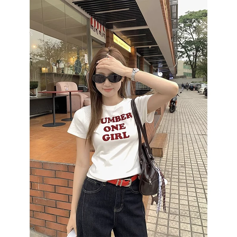 美式复古字母印花短袖女2025夏季新款设计感修身正肩圆领韩系t恤