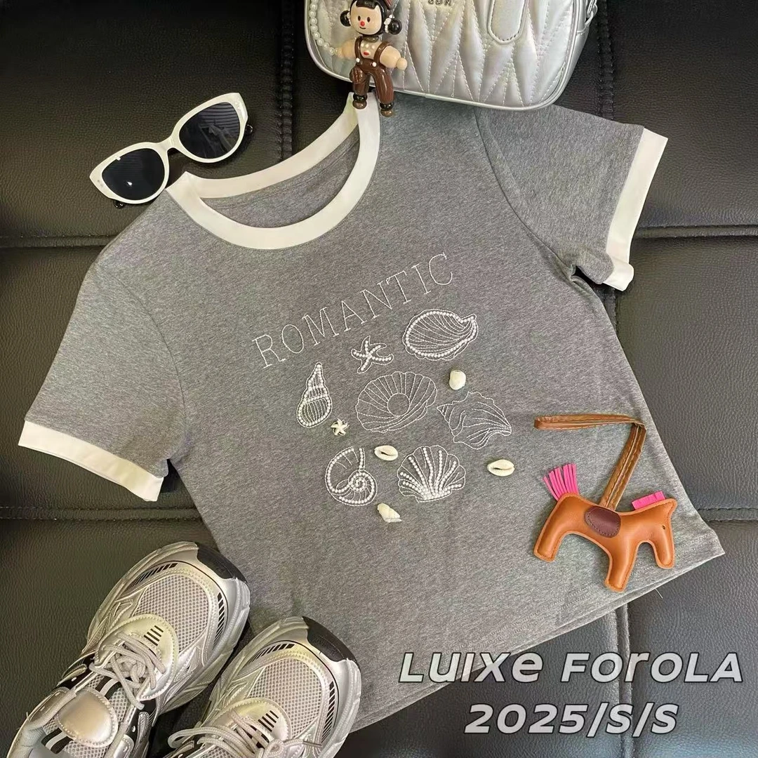 FOROLA 『海滩贝壳』2025夏季新款重工刺绣短袖T恤女百搭 YY25283