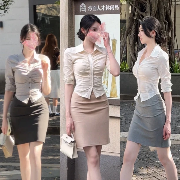 希野逸儿「韩女秘书」简约单排扣褶皱修身显瘦温柔掐腰长袖衬衫2025