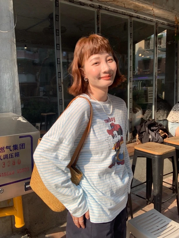 卡通条纹长袖T恤女内搭正肩圆领设计感小众宽松印花上衣#1998