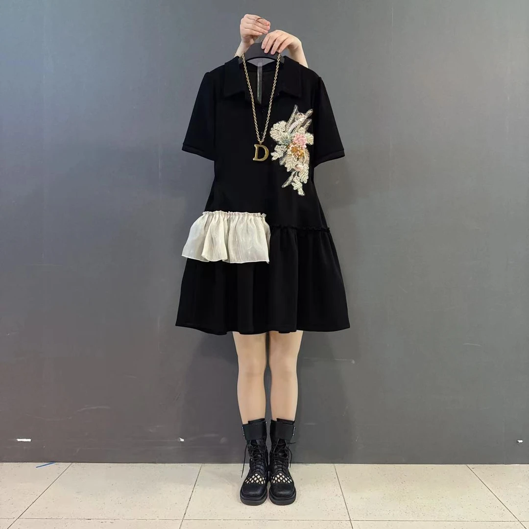 大码夏季新款Polo领立体花朵小设计感显瘦连衣裙