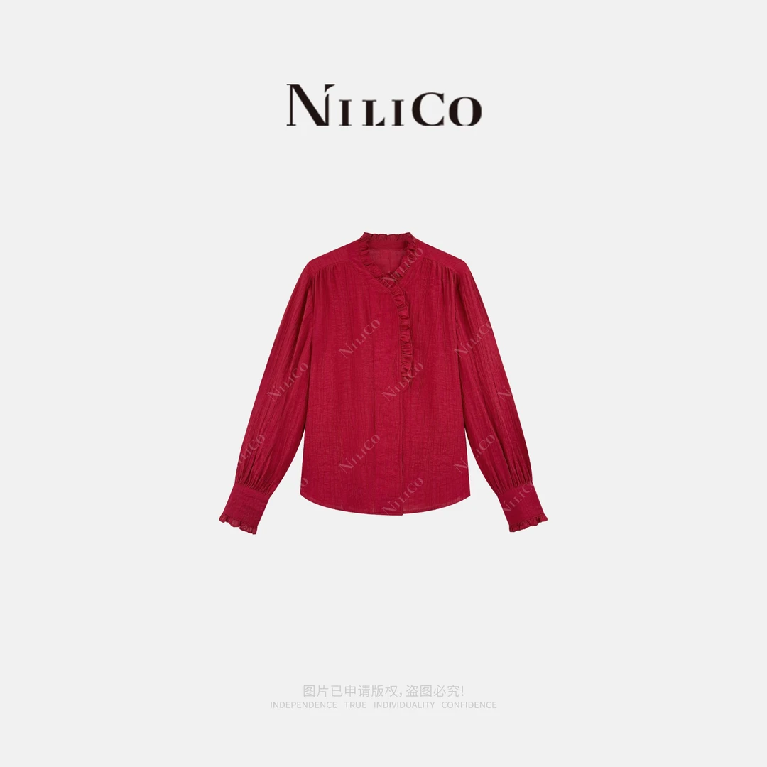 NILICO【千禧】法式木耳边气质立领花边简约衬衫