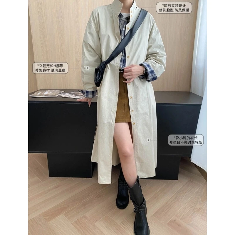 简约立领系带收腰显瘦长款风衣式连衣裙气质时尚秋季女士两穿新款