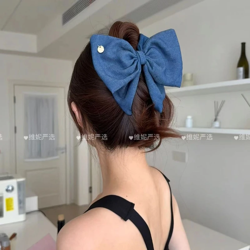 一款两戴！可折叠双层牛仔蓝韩系全盘饱满后脑勺蝴蝶结三角抓夹