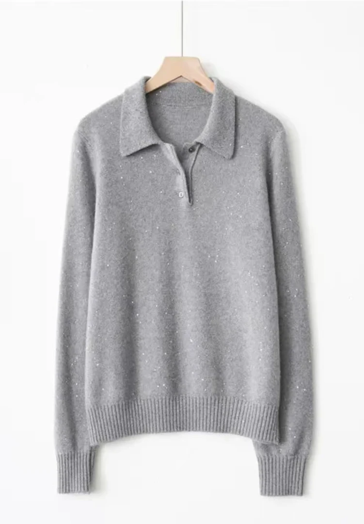 《小新羊绒》【BC家】百分百山羊绒重工珠片POLO领女秋冬针织