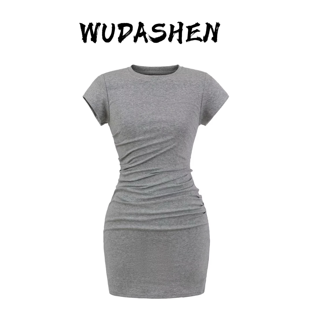 【你伍老板娘】“夏日罗曼蒂”基础圆领套头紧身短款包臀褶皱连衣裙